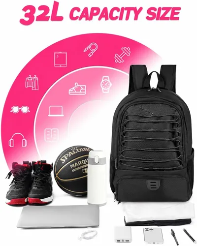 Miniatura 4 de Mochila de baloncesto para hombres y mujeres con compartimento para pelota y zapatos, capacidad de 30L, ligera y transpirable, mochila de fútbol