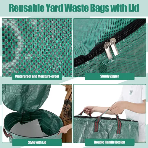 Miniatura 3 de Kingdder Paquete de 2 bolsas de basura reutilizables de 132 galones con tapa y asa plegables extra grandes para bolsas de césped, contenedores
