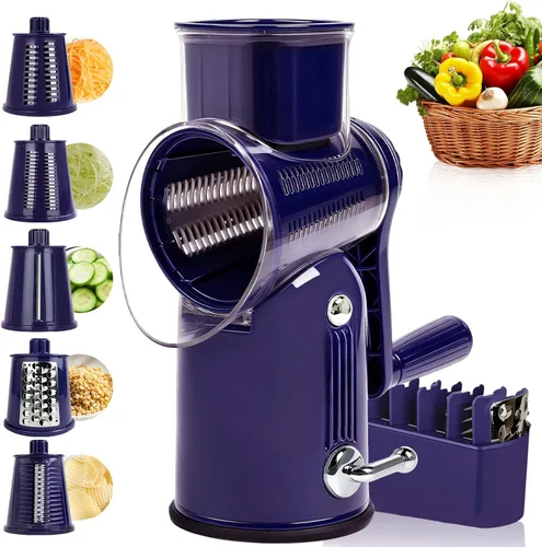 Miniatura 10 de Rallador rotativo de queso con asa, triturador de verduras con 5 cuchillas reemplazables y base de succión fuerte, rebanador redondo de alimentos