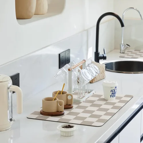Miniatura 8 de Ohocut Tapete de secado de platos a cuadros para encimera de cocina, accesorios de estación de cafetería, estética, retro, moderna, absorbente
