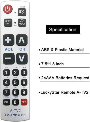 Miniatura 8 de LuckyStar - Control remoto universal con botón grande A-TV2, ajuste inicial para Lg, Vizio, Sharp, Zenith, Panasonic, Philips, RCA, pone la batería