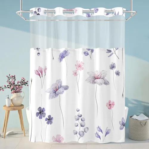Miniatura 13 de Juego de cortina de ducha sin gancho y forro, cortinas de ducha florales azules de acuarela para baño, juegos de cortinas de baño de hotel moderno