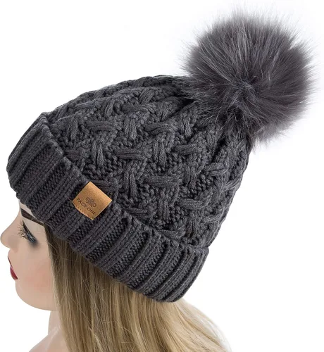 Miniatura 3 de PAGE ONE Womens Winter Ribbed Beanie Crossed Cap Chunky Cable Knit Pompom Soft Warm Hat