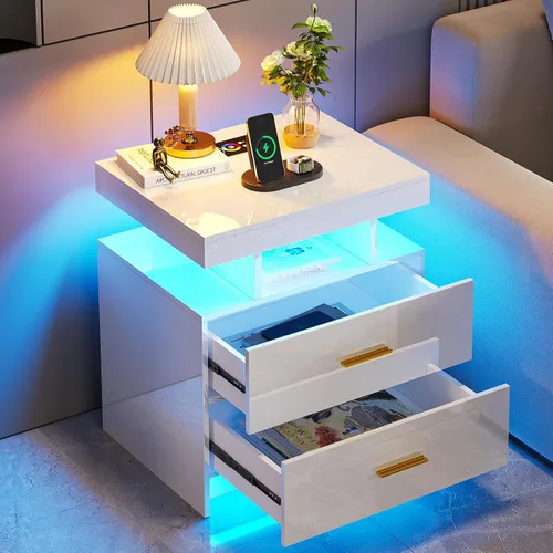 Miniatura 9 de HNEBC Mesita de noche LED, mesita de noche negra con estación de carga, USB + tipo C + carga inalámbrica, mesita de noche inteligente con sensor