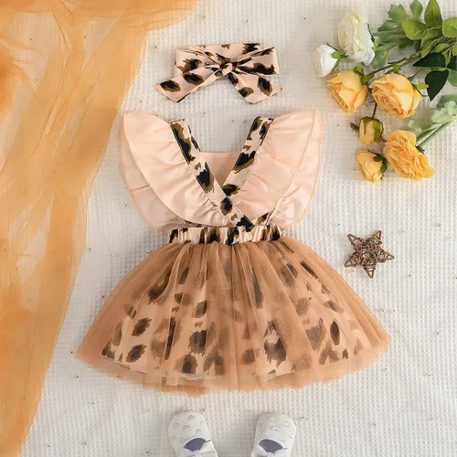Miniatura 2 de Conjunto de 2 piezas de vestido de malla con estampado de leopardo, manga con volantes, falda con lazo y diadema, para niñas pequeñas
