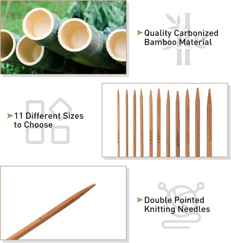 Miniatura 7 de Kit de agujas de tejer, juego de 11 agujas de tejer de doble punta de bambú carbonizado, 11 tamaños, juego de agujas de tejer suaves para tejer
