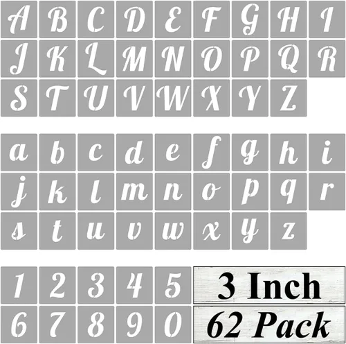 Plantillas de letras del alfabeto de 3 pulgadas para pintar, paquete de 62 plantillas de letras y números para pintar sobre madera, plantillas