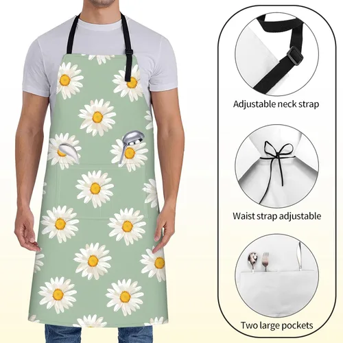 Miniatura 2 de Delantal floral de margaritas blancas para mujer, 28 x 33 pulgadas, delantales de cocina de primavera fresca con 2 bolsillos, tela Oxford, delantal