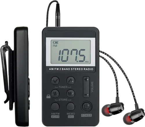 Radio de bolsillo portátil AM/FM con pantalla LCD de sintonización digital, mini radio recargable SWDSTP con auriculares estéreo y clip de cinturón