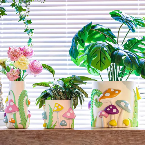 Miniatura 5 de GUGUGO Jarrón de hongos pastel para flores, decoración de hongos funky arcoíris de 8 pulgadas de alto, jarrones eclécticos para flores, florero