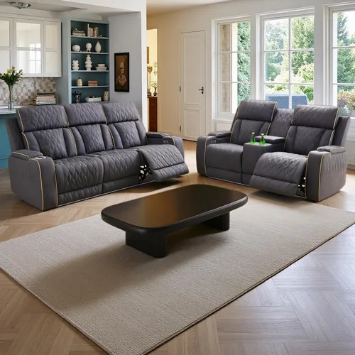 Miniatura 15 de Juego de sillones reclinables eléctricos con luces LED, juego reclinable de cuero acolchado con aire con puerto USB/almacenamiento/portavasos/luz