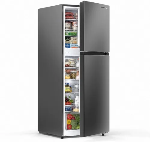 Upstreman 10.1 Cu.Ft Refrigerator with Top Freezer, Reversible 2 Door Medium Fridge, Shelves, Drawer, Wheels, Low Noise, Temp Control, Auto Defrost,
