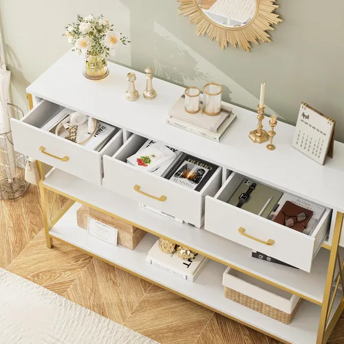 Miniatura 5 de HITHOS Mesa consola de 47.2 pulgadas con 3 cajones, mesa de entrada larga y estrecha con estantes de almacenamiento de 3 niveles, mesa industrial