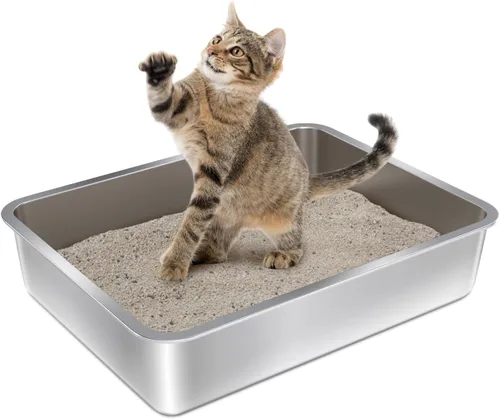 Miniatura 10 de Caja de arena de acero inoxidable con tapa, caja de arena de metal para gatitos, cajas de arena de entrada baja con pala y alfombra, caja de arena