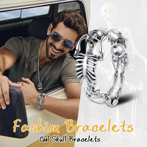 Miniatura 52 de U7 Pulseras góticas de calavera para hombres y mujeres, acero inoxidable, chapado en oro de 18 quilates, plata, negro, punk, esqueleto punk