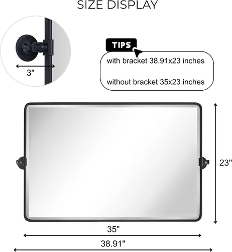 Miniatura 7 de TEHOME Espejo de baño con pivote horizontal, inclinable, marco de metal negro, rectangular, redondeado, rectangular, inclinable, biselado