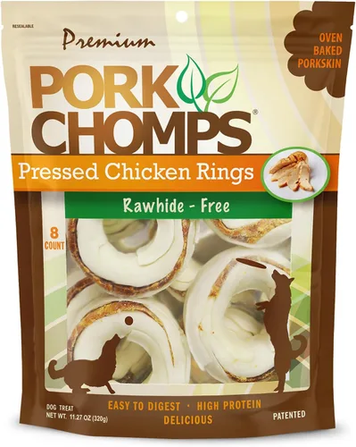 Pork Chomps Masticables de piel de cerdo prensada para perros, anillos de 2.5 pulgadas, pollo real, 8 unidades, paquete de 1 – Golosinas de larga