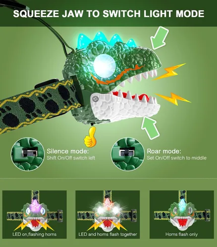 Miniatura 5 de Linterna de Cabeza para Niños - Linterna LED de Dinosaurio con Banda Ajustable para Niños y Niñas, 3 Modos de Iluminación - Perfecta para Acampar