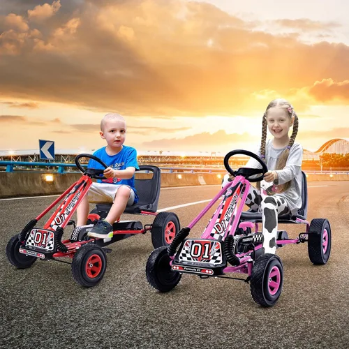 Miniatura 2 de HONEY JOY Go Kart para niños, 4 ruedas con pedal todoterreno cuádruple a pie con volantes y asiento ajustable, 2 frenos de seguridad, neumáticos Rojo
