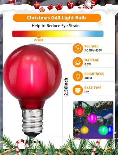 Miniatura 2 de Paquete de 25 bombillas LED multicolor G40 de repuesto, base de candelabro E12/C7, bombillas LED globo Edison inastillables para cadena de luces