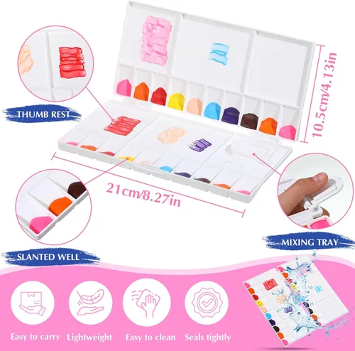 Miniatura 2 de Kosiz 12 piezas de paleta de pintura de acuarela plegable a granel bandeja de pintura con 20 pozos, 5 áreas de mezcla, paleta de pintura de acuarela