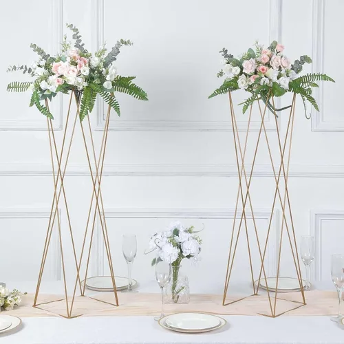 Efavormart - Juego de 2 centros de mesa de 32 pulgadas con marco de metal entrecruzado geométrico dorado, soportes de flores con pedestal de columna