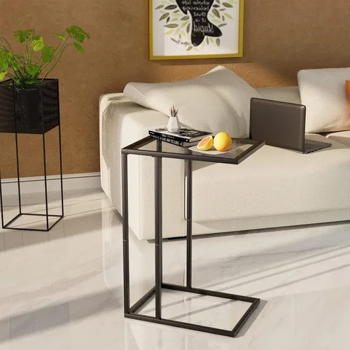 Miniatura 2 de Mesa auxiliar de cristal en C, mesa auxiliar para sofá, mesa auxiliar de vidrio templado con marco de metal, mesa de bandeja de TV para espacio Negro