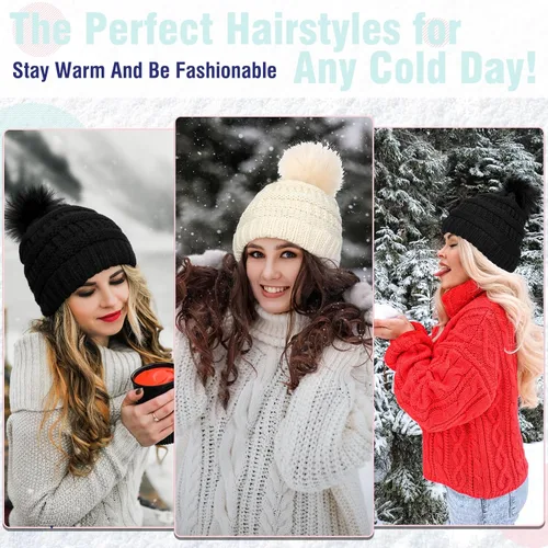 Miniatura 6 de Gorro Peluca Gorro de Lana con Cabello Extensiones Largas Onduladas Gorro de Punto con Pompón Adjunto de 20" Pieza de Cabello Sintética Removible