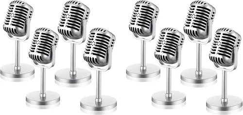 8 piezas de micrófono retro modelo vintage micrófono antiguo micrófono juguete micrófono escenario decoración de mesa, plata