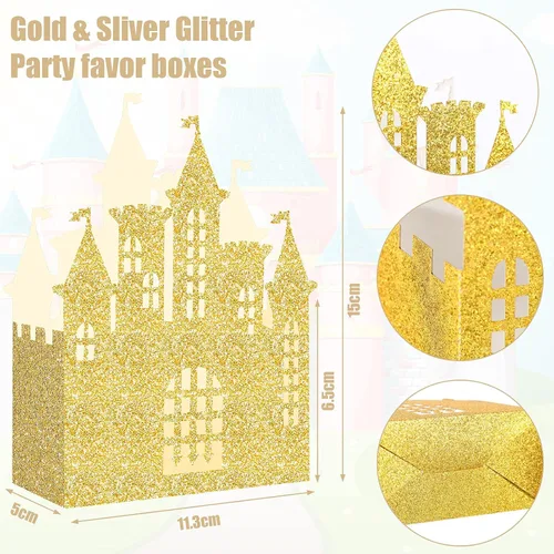 Miniatura 3 de Caja dorada de castillo de princesa de 24 piezas, decoración de fiesta de cumpleaños de princesa, centro de mesa de castillo dorado, suministros