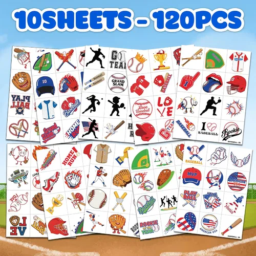 Miniatura 3 de 120 tatuajes temporales precortados para deportes de béisbol para niños Recuerdos de fiesta de cumpleaños con temática de béisbol súper lindos