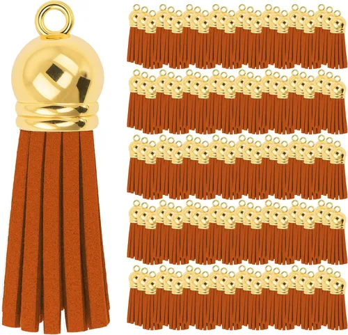 Miniatura 84 de Mandala Crafts 100 borlas de gamuza sintética color aguamarina con tapa dorada, suministros para hacer llaveros a granel, pequeñas borlas de cuero