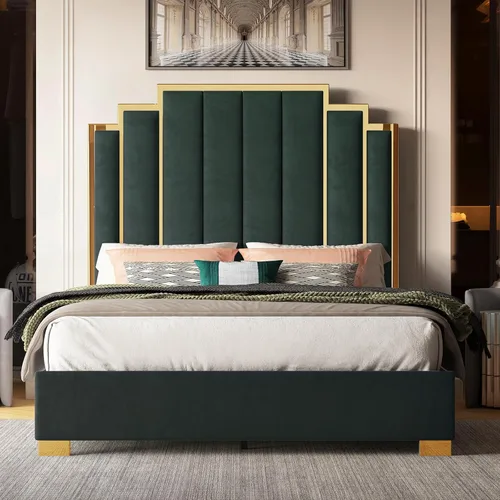 Miniatura 3 de Albott Marco de cama de plataforma tamaño Queen, cama tapizada de terciopelo de 61.4 pulgadas con cabecero de ribete dorado, listones de madera,