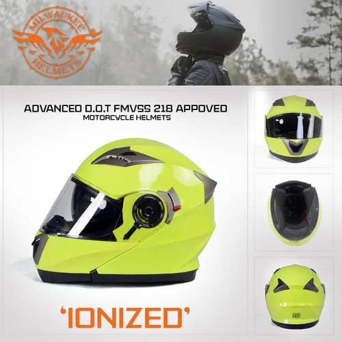 Miniatura 7 de Cascos Milwaukee MPH9809DOT Ionized Amarillo Neón Avanzado Casco Modular de Motocicleta para Motociclista con Visera Desmontable