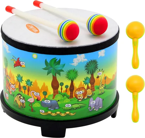 Crafteem Floor Tom Drum para niños, instrumento de percusión de 8 pulgadas, tambor de música con 2 mazos y maracas de color para bebés, niños,