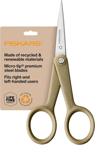 Fiskars Tijeras de tela reciclada de 5 pulgadas, sostenibles, afiladas, para bordar y coser, para manualidades y corte de tela, color beige
