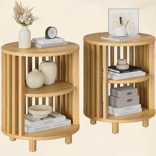 Miniatura 10 de Mesa auxiliar redonda, mesita de noche de madera, mesita de noche moderna de mediados de siglo con estante de almacenamiento abierto, mesas