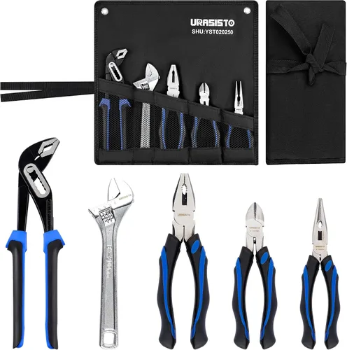 Miniatura 9 de URASISTO Kit de herramientas de mantenimiento del hogar de 4 piezas para hombres, incluye junta de ranura, nariz larga, corte diagonal, alicates