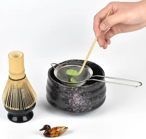 Miniatura 4 de Artcome Kit de ceremonia de matcha para ceremonia de té japonesa, cuenco tradicional de matcha, batidor, cuchara de té, colador de polvo matcha, Cian