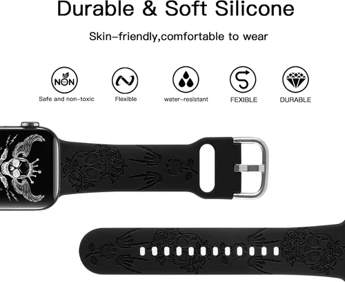 Miniatura 3 de Correa de silicona con grabado floral de Halloween, compatible con Apple Watch 38 40 1.614 in 42 44 46 1.929 in, para mujeres y hombres, correa
