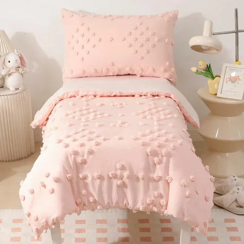 Miniatura 9 de Juego de ropa de cama para niñas pequeñas de 4 piezas, jacquard rosa con pompones y mechones, estilo bohemio boho con puntos mechonados, juego
