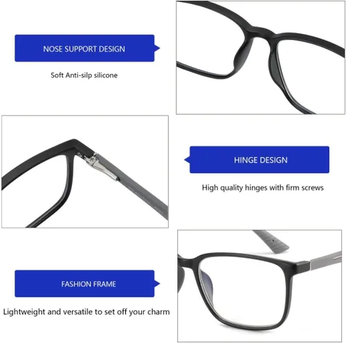 Miniatura 4 de BLUEMOKY Gafas de lectura de luz azul para hombres, lectores de marco cuadrado deportivo, gafas de computadora antirreflejos C01 gris/negro