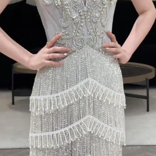 Miniatura 4 de Cinta de borla de diamantes de imitación de 2.36 pulgadas (2.362 in) con flecos de diamantes de imitación blancos para costura, manualidades