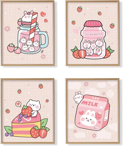 Miniatura 3 de Decoración de pared de anime japonés Kawaii para comedor, bonita decoración de cocina rosa, carteles estéticos de conejo y fresa, impresiones