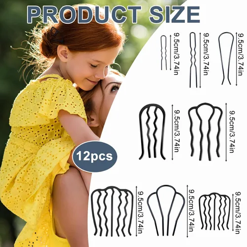 Miniatura 6 de YONOY 12 piezas de peines laterales de metal para cabello con clip para moño, herramientas de peinado en forma de U, fabricante de moños