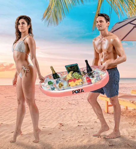 Miniatura 6 de POZA Hielera flotante inflable dorada – Lujoso soporte para bebidas relleno de confeti brillante, flotador de fiesta premium con 8 soportes, barra