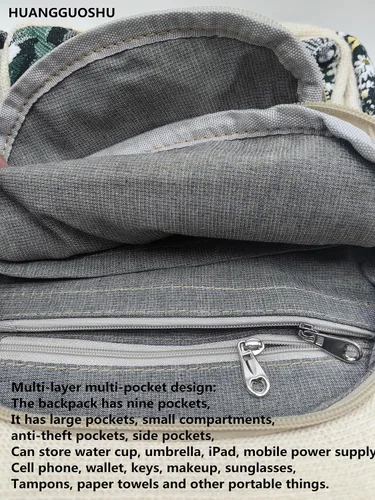 Miniatura 31 de HUANGGUOSHU Mochila de algodón tejida de algodón bohemio con bordado de lona estilo bohemio con múltiples bolsillos retro linda mochila cartera