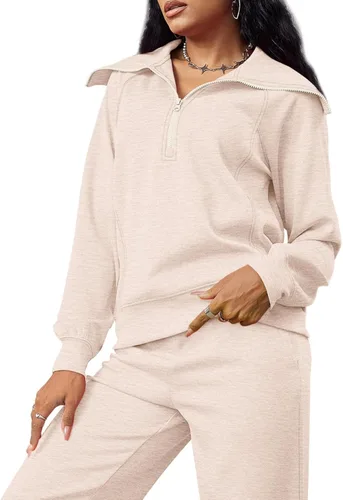 Miniatura 5 de XIEERDUO Conjuntos de descanso para mujer 2023 sudadera de gran tamaño con media cremallera y pantalón deportivo de pierna ancha de 2 piezas