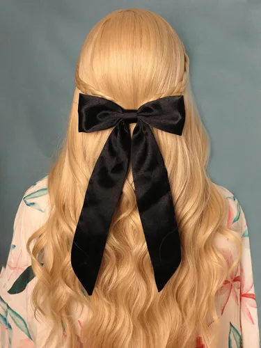 Miniatura 2 de Furling Pompoms Pinzas para el cabello con cola larga, 2 pinzas para el pelo de cinta negra para mujer, pasadores de lazo de satén, lazos grandes