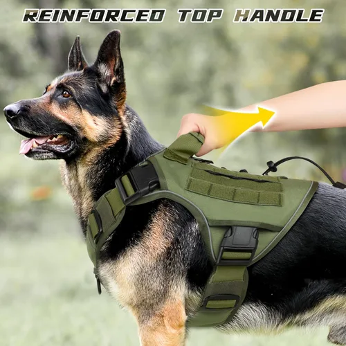 Miniatura 4 de WINGOIN Arnés táctico para perros extragrandes, arnés resistente sin tirones con asa, ajustable, reflectante, militar, K9, chaleco para perros Verde
